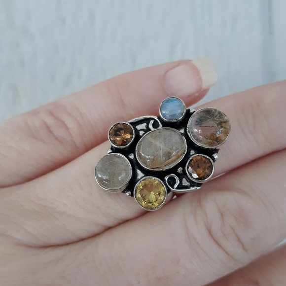 New Golden Rutile, Citrine, Smoky Topaz & Rainbow Moonstone 925 Silver Ring. - Picture 5 of 8